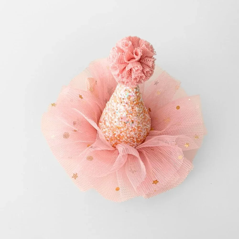 NWT Cute Princess Happy Birthday Hat Girls Hair Clip Pink & Gold Glitter Tulle
